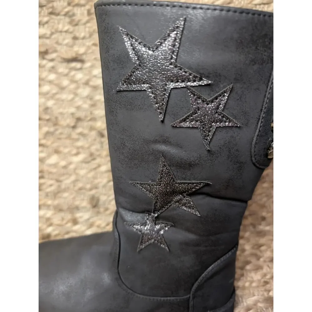 Nicole Miller Girls Leather Black Boots Bow Tie Back Metallic Rockstar Size 13